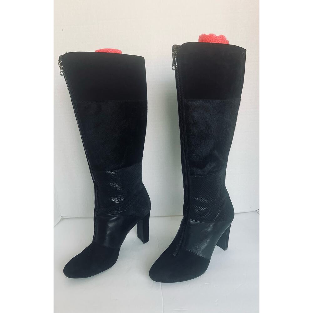 Anne Klein Black Leather Calf Hair Snake‎ Skin Front Zip High Heel Boots Sz 7.5M